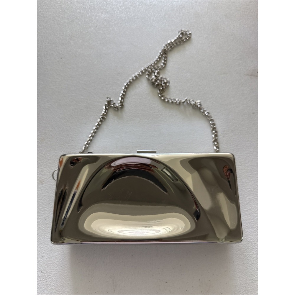 AKIRA Lead The Way Shiny Silver Metal Box Clutch Bag with Chain Strap